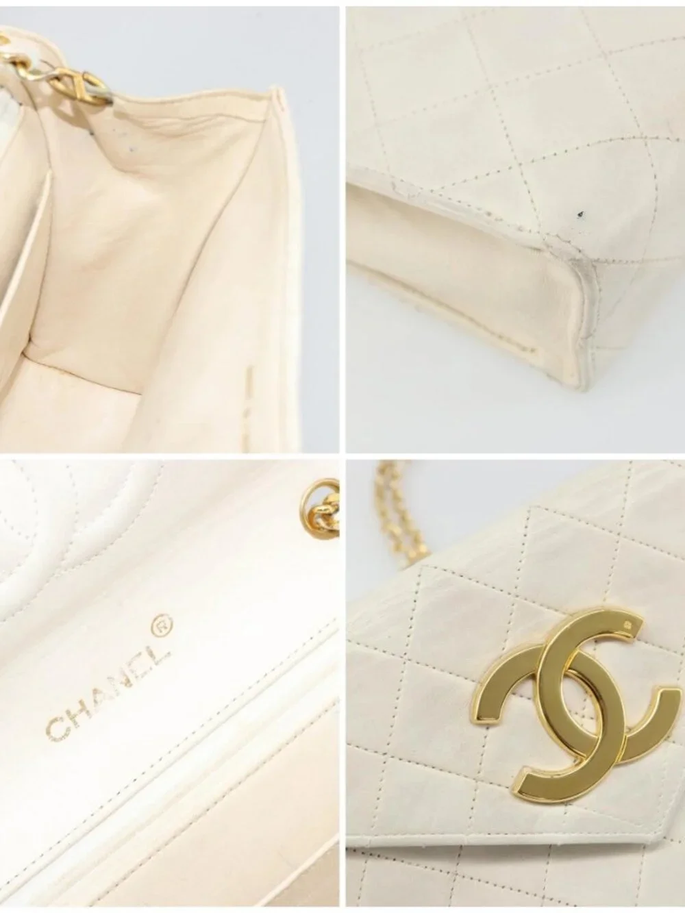 CHANEL Matelasse Chain Shoulder Bag Lamb Skin White Gold CC Auth YKZ1616